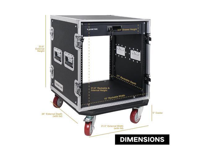 Sound Town 12U PA DJ Pro Audio Rack/Road ATA Case with Locking Drawer, 17'' Rackable Depth, Casters, Metal Ball Corners (STRC-12D2)