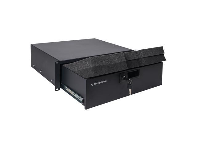 Sound Town 16U PA DJ Pro Audio Rack/Road ATA Case with 11U Slant Mixer Top, Locking Drawer, Side Table, 20'' Rackable Depth and Casters (STMR-16TD3)