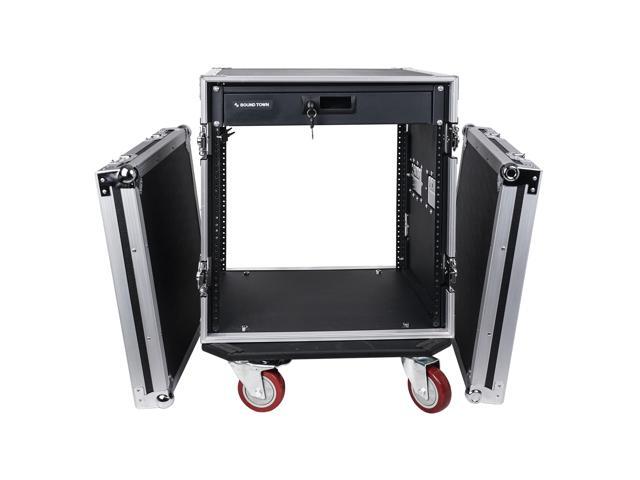 Sound Town 12U PA DJ Pro Audio Rack/Road ATA Case with Locking Drawer, 17'' Rackable Depth, Casters, Metal Ball Corners (STRC-12D2)
