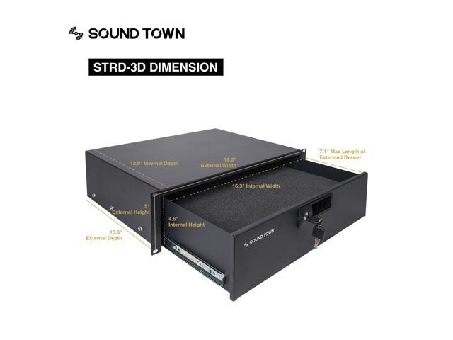 Sound Town 16U PA DJ Pro Audio Rack/Road ATA Case with 11U Slant Mixer Top, Locking Drawer, Side Table, 20'' Rackable Depth and Casters (STMR-16TD3)