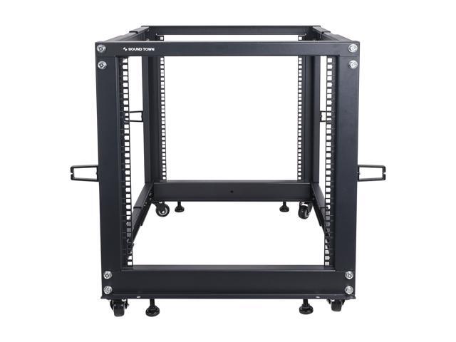 Sound Town 4-Post 12U Open Frame Sever and Network Equipment Rack with Adjustable Depth 22'-40', Casters, Levelers, Cable Management (ST4POF-A12U)