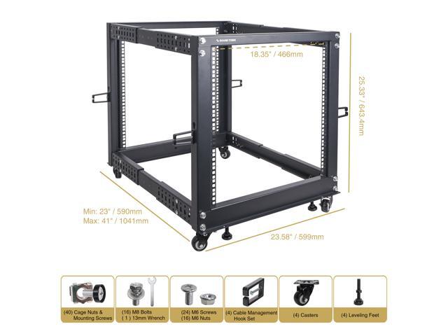 Sound Town 4-Post 12U Open Frame Sever and Network Equipment Rack with Adjustable Depth 22'-40', Casters, Levelers, Cable Management (ST4POF-A12U)