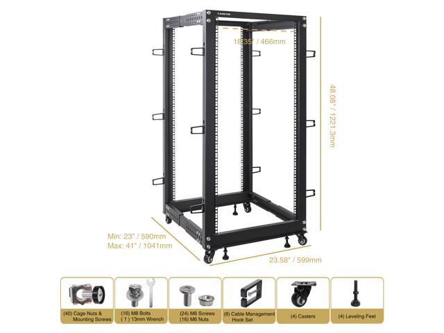 Sound Town 4-Post 25U Open Frame Sever and Network Equipment Rack with Adjustable Depth 22'-40', Casters, Levelers, Cable Management (ST4POF-A25U)