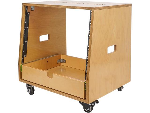 Sound Town 8U DIY Slanted Studio Rack with 8U Rack Space, Extra 2U Drawer, Plywood, Rubber Feet, Casters, Golden Oak (SDRK-8TD2)