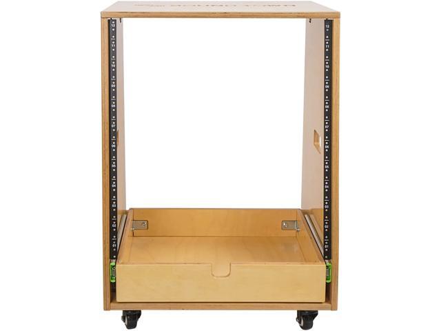 Sound Town 12U DIY Slanted Studio Rack with 12U Rack Space, Extra 2U Drawer, Plywood, Rubber Feet, Casters, Golden Oak (SDRK-12TD2)