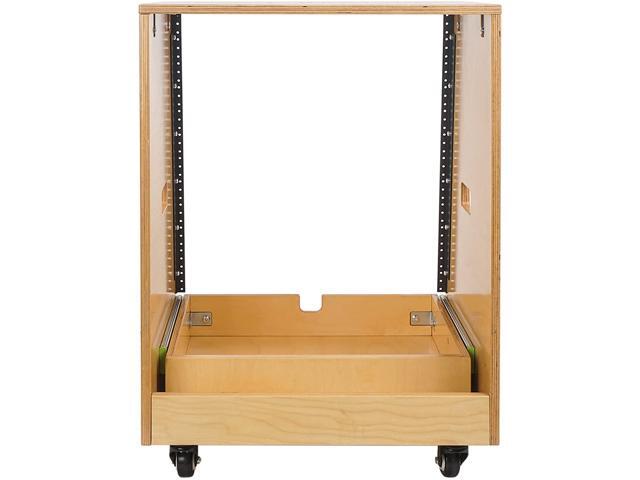 Sound Town 12U DIY Slanted Studio Rack with 12U Rack Space, Extra 2U Drawer, Plywood, Rubber Feet, Casters, Golden Oak (SDRK-12TD2)