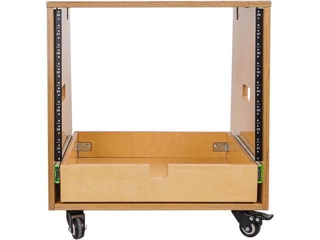 Sound Town 8U DIY Slanted Studio Rack with 8U Rack Space, Extra 2U Drawer, Plywood, Rubber Feet, Casters, Golden Oak (SDRK-8TD2)
