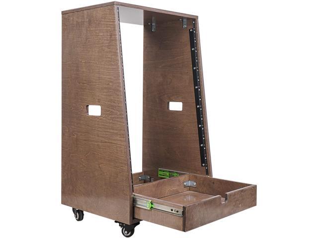 Sound Town 16U DIY Slanted Studio Rack with 16U Rack Space, Extra 2U Drawer, Plywood, Rubber Feet, Casters, Weathered Gray (SDRK-16TBD2)