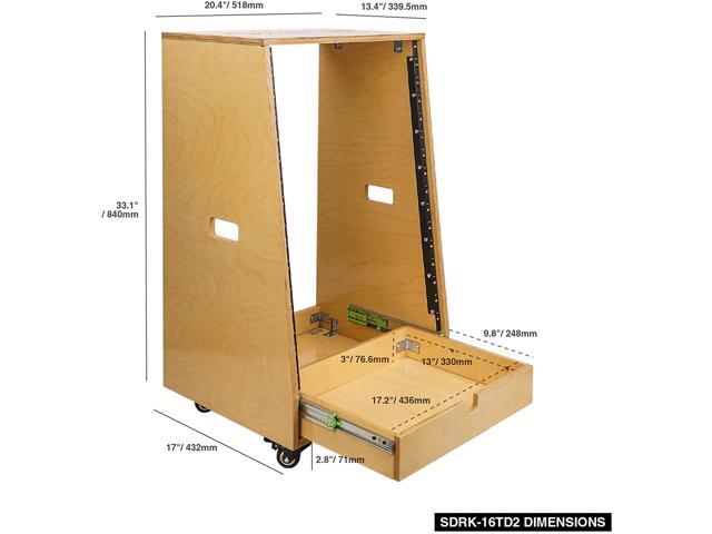 Sound Town 16U DIY Slanted Studio Rack with 16U Rack Space Extra 2U Drawer Plywood Rubber Feet Casters Golden Oak (SDRK-16TD2) - image 6