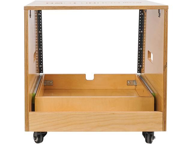 Sound Town 8U DIY Slanted Studio Rack with 8U Rack Space, Extra 2U Drawer, Plywood, Rubber Feet, Casters, Golden Oak (SDRK-8TD2)
