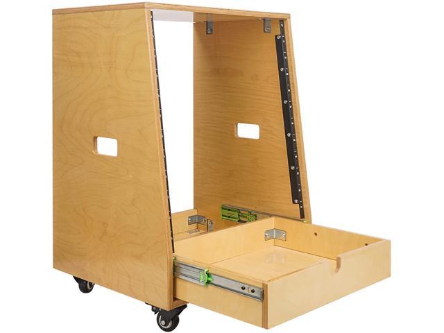 Sound Town 12U DIY Slanted Studio Rack with 12U Rack Space, Extra 2U Drawer, Plywood, Rubber Feet, Casters, Golden Oak (SDRK-12TD2)