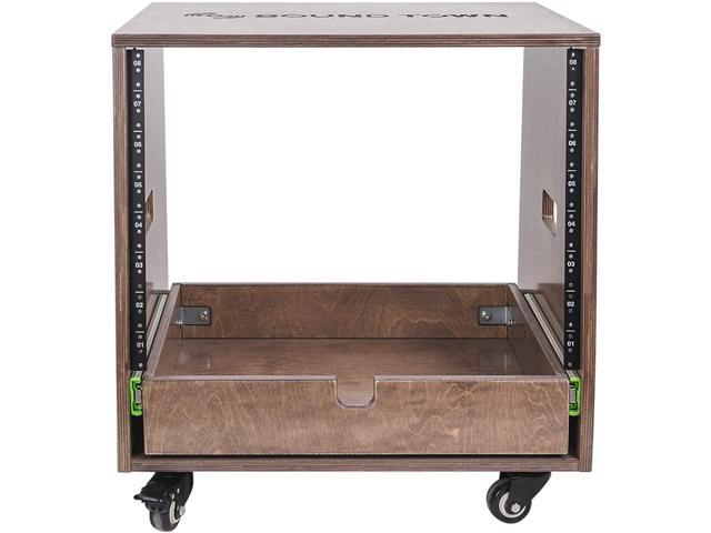 Sound Town 8U DIY Slanted Studio Rack with 8U Rack Space, Extra 2U Drawer, Plywood, Rubber Feet, Casters, Weathered Gray (SDRK-8TBD2)