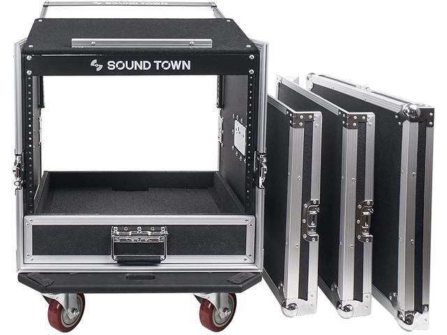 Sound Town 10U PA DJ Pro Audio Rack/Road ATA Case with 2U Drawer, 11U Slant Mixer Top, DJ Work Table, Casters, Pro Tour Grade (MR-DR10U)