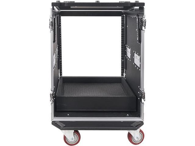 Sound Town 14U PA DJ Pro Audio Rack/Road ATA Case with 2U Drawer, 11U Slant Mixer Top, Two DJ Work Tables, Casters, Pro Tour Grade (MR-DR14UT2)
