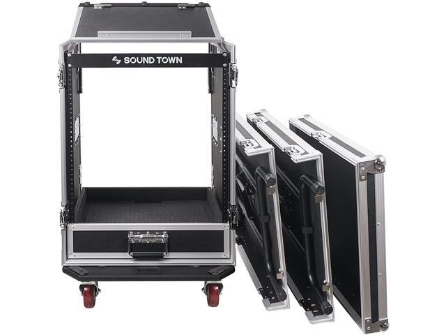 Sound Town 14U PA DJ Pro Audio Rack/Road ATA Case with 2U Drawer, 11U Slant Mixer Top, Two DJ Work Tables, Casters, Pro Tour Grade (MR-DR14UT2)
