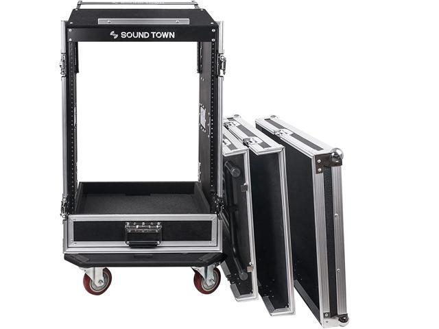 Sound Town 16U PA DJ Pro Audio Rack/Road ATA Case with 2U Drawer, 11U Slant Mixer Top, DJ Work Table, Casters, Pro Tour Grade (MR-DR16UT)