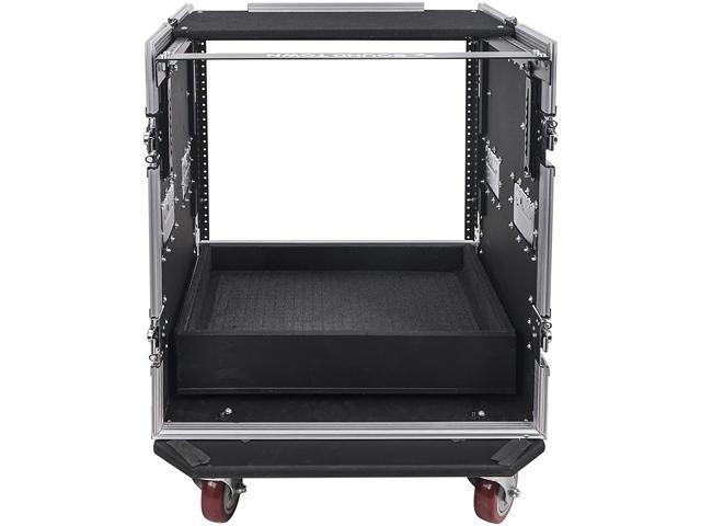 Sound Town 12U PA DJ Pro Audio Rack/Road ATA Case with 2U Drawer, 11U Slant Mixer Top, DJ Work Table, Casters, Pro Tour Grade (MR-DR12UT)
