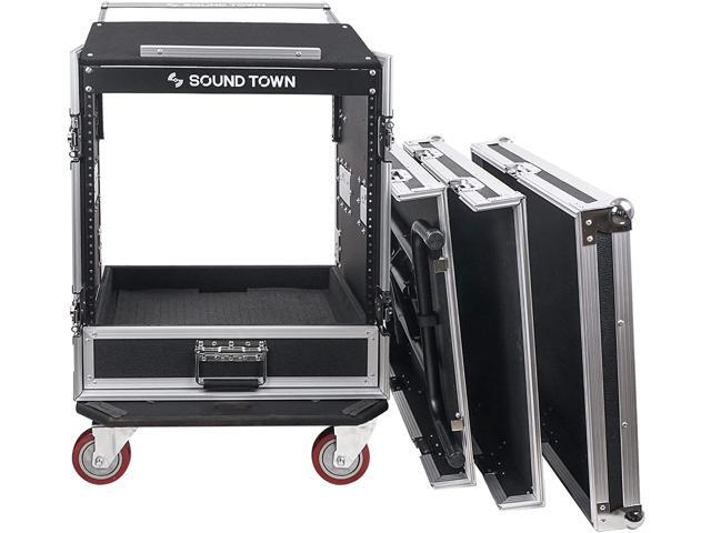 Sound Town 12U PA DJ Pro Audio Rack/Road ATA Case with 2U Drawer, 11U Slant Mixer Top, DJ Work Table, Casters, Pro Tour Grade (MR-DR12UT)