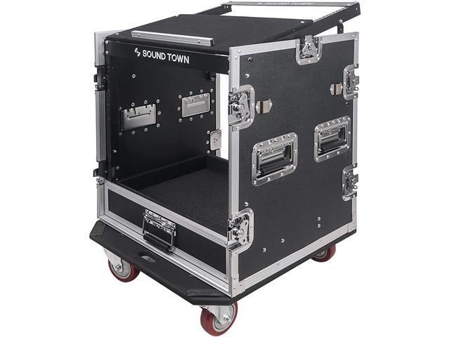 Sound Town 12U PA DJ Pro Audio Rack/Road ATA Case with 2U Drawer, 11U Slant Mixer Top, DJ Work Table, Casters, Pro Tour Grade (MR-DR12UT)
