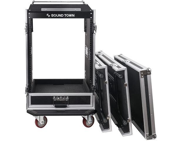Sound Town 16U PA DJ Pro Audio Rack/Road ATA Case with 2U Drawer, 11U Slant Mixer Top, Two DJ Work Tables, Casters, Pro Tour Grade (MR-DR16UT2)