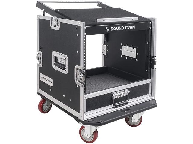 Sound Town 10U PA DJ Pro Audio Rack/Road ATA Case with 2U Drawer, 11U Slant Mixer Top, DJ Work Table, Casters, Pro Tour Grade (MR-DR10U)