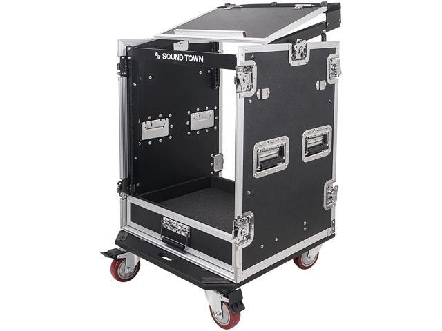 Sound Town 14U PA DJ Pro Audio Rack/Road ATA Case with 2U Drawer, 11U Slant Mixer Top, Two DJ Work Tables, Casters, Pro Tour Grade (MR-DR14UT2)