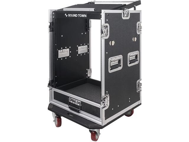 Sound Town 16U PA DJ Pro Audio Rack/Road ATA Case with 2U Drawer, 11U Slant Mixer Top, DJ Work Table, Casters, Pro Tour Grade (MR-DR16UT)