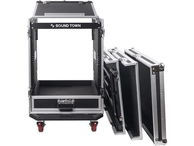 Sound Town 14U PA DJ Pro Audio Rack/Road ATA Case with 2U Drawer, 11U Slant Mixer Top, DJ Work Table, Casters, Pro Tour Grade (MR-DR14UT)