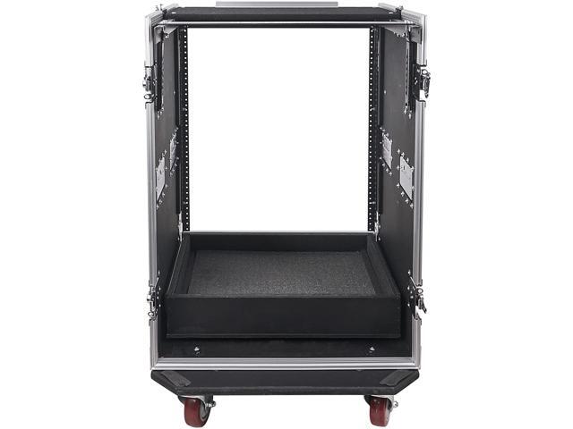 Sound Town 16U PA DJ Pro Audio Rack/Road ATA Case with 2U Drawer, 11U Slant Mixer Top, DJ Work Table, Casters, Pro Tour Grade (MR-DR16UT)