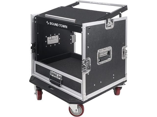 Sound Town 10U PA DJ Pro Audio Rack/Road ATA Case with 2U Drawer, 11U Slant Mixer Top, DJ Work Table, Casters, Pro Tour Grade (MR-DR10U)