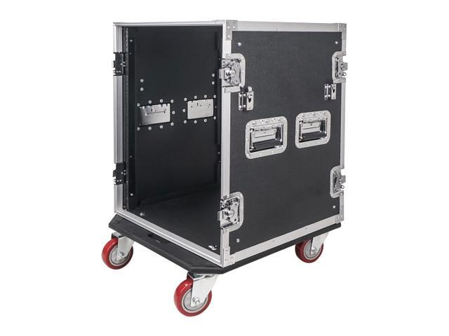 Sound Town 14U PA/DJ Rack/Road Case, 14-Space, with 17' Depth, Two DJ Work Tables, Casters, Plywood, Metal Ball Corners (STRC-14UWT2)