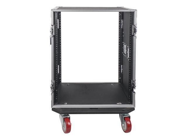 Sound Town 14U PA/DJ Rack/Road Case, 14-Space, with 17' Depth, Two DJ Work Tables, Casters, Plywood, Metal Ball Corners (STRC-14UWT2)