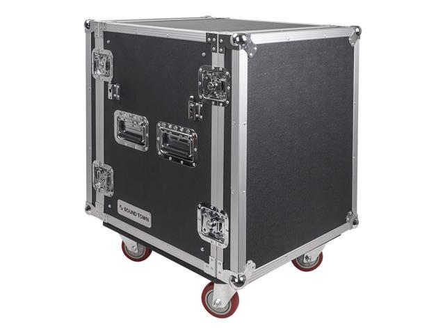 Sound Town 14U PA/DJ Rack/Road Case, 14-Space, with 17' Depth, Two DJ Work Tables, Casters, Plywood, Metal Ball Corners (STRC-14UWT2)