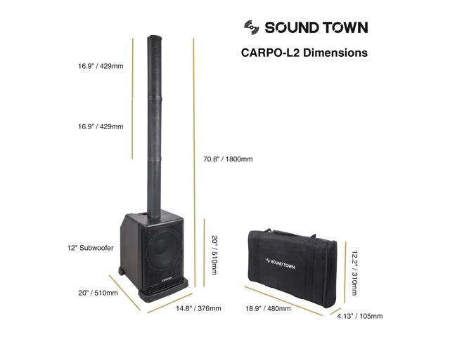Sound Town Portable PA/DJ System w/ 12' Powered Subwoofer, 8 x 3 Column Speaker and Two UHF Wireless Microphones (CARPO-L2SWM01)