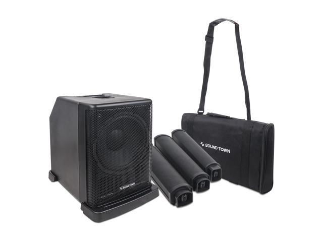 Sound Town Portable PA/DJ System w/ 12' Powered Subwoofer, 8 x 3 Column Speaker and Two UHF Wireless Microphones (CARPO-L2SWM01)