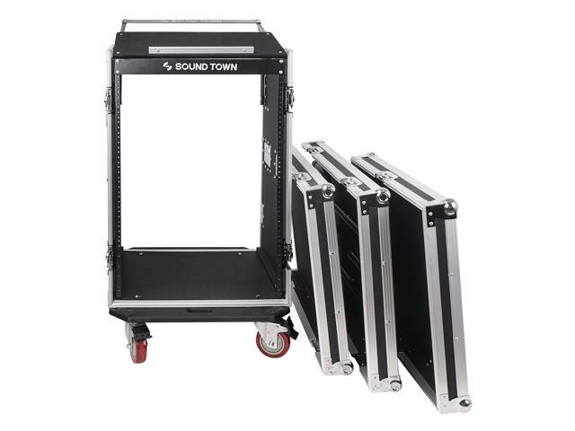 Sound Town 16U PA/DJ Rack/Road Case with 11U Slant Mixer Top, 20'' Rackable Depth, DJ Work Table and Casters, 16-Space Size, Pro Tour Grade...