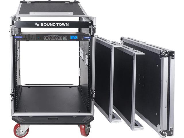 Sound Town PA DJ Combo with 14U Rack/Road ATA Case w/Slant Mixer Top, DJ Work Table, One 10 Outlet AC Power Conditioner/Sequencer (STMR-14TPS10)