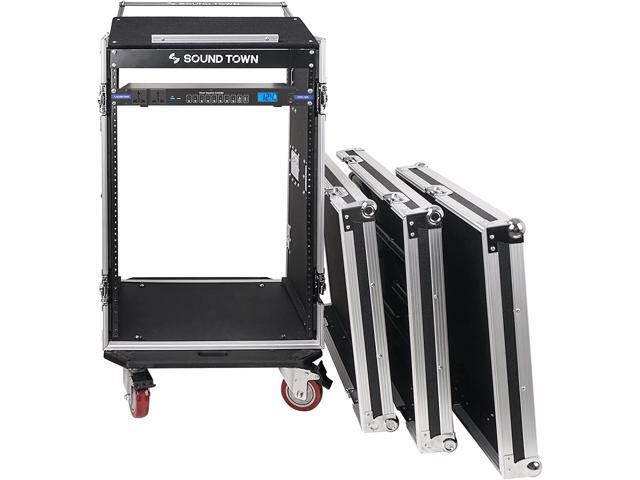 Sound Town PA DJ Combo with 16U Rack/Road ATA Case w/Slant Mixer Top, DJ Work Table, One 10 Outlet AC Power Conditioner/Sequencer (STMR-16TPS10)