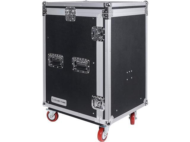 Sound Town PA DJ Combo with 16U Rack/Road ATA Case w/Slant Mixer Top, DJ Work Table, One 10 Outlet AC Power Conditioner/Sequencer (STMR-16TPS10)