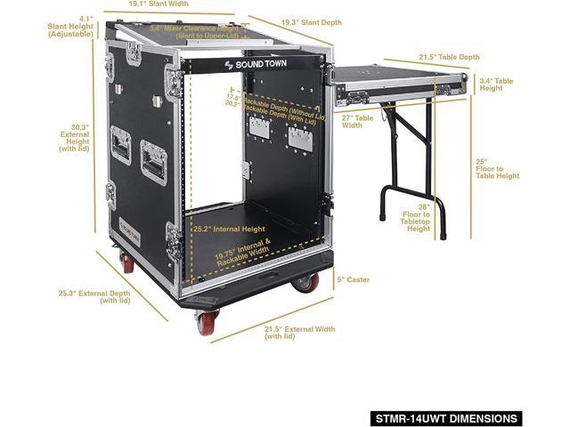 Sound Town PA DJ Combo with 14U Rack/Road ATA Case w/Slant Mixer Top, DJ Work Table, One 10 Outlet AC Power Conditioner/Sequencer (STMR-14TPS10)