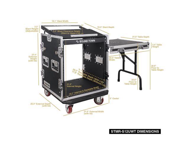 Sound Town 12U PA DJ Pro Audio Rack/Road ATA Case with 11U Slant Mixer Top, Locking Drawer, Side Table, 20'' Rackable Depth and Casters (STMR-12TD2)