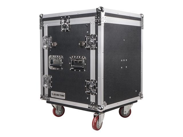 Sound Town 12U PA DJ Pro Audio Rack/Road ATA Case with 11U Slant Mixer Top, Locking Drawer, Side Table, 20'' Rackable Depth and Casters (STMR-12TD2)