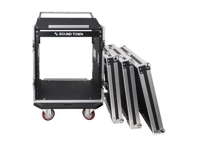 Sound Town 12U PA DJ Pro Audio Rack/Road ATA Case with 11U Slant Mixer Top, Locking Drawer, Side Table, 20'' Rackable Depth and Casters (STMR-12TD2)