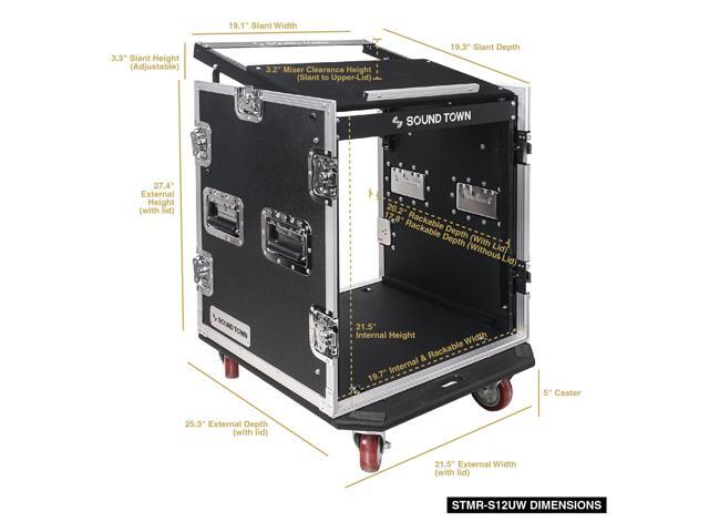 Sound Town 12U PA DJ Pro Audio Rack/Road ATA Case with 12U Slant Mixer Top, Locking Drawer, 22'' Rackable Depth and Casters (STMR-12D2)