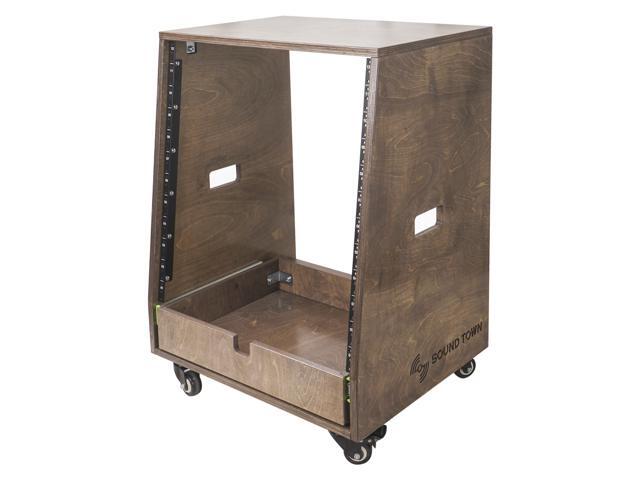 Sound Town 12U DIY Slanted Studio Rack with 12U Rack Space Extra 2U Drawer Plywood Rubber Feet Casters Weathered Gray (SDRK-12TBD2) - image 3