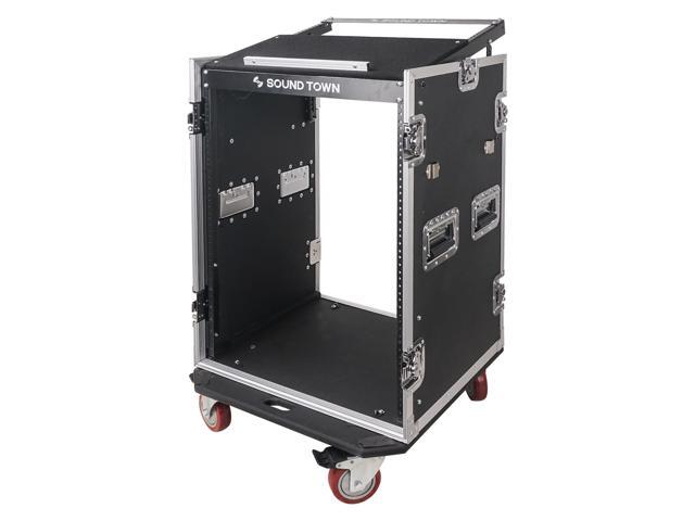 Sound Town 16U PA DJ Rack/Road ATA Case with 11U Slant Mixer Top, 20' Rackable Depth, 2 DJ Work Tables and Casters, Pro Tour Grade (STMR-16UWT2)