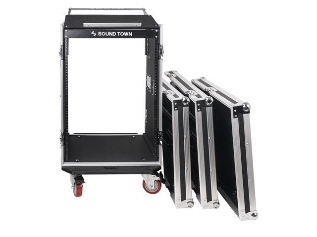Sound Town 16U PA DJ Rack/Road ATA Case with 11U Slant Mixer Top, 20' Rackable Depth, 2 DJ Work Tables and Casters, Pro Tour Grade (STMR-16UWT2)