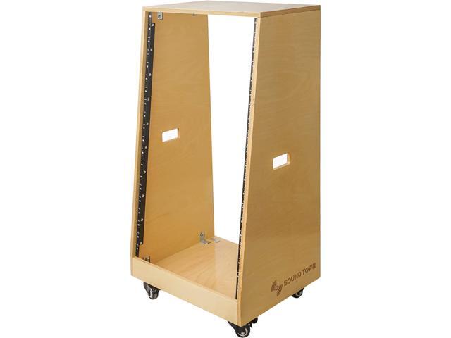 Sound Town DIY Slanted 20U Studio Rack, Plywood, Golden Oak, with Rubber Feet, Casters (SDRK-20T)