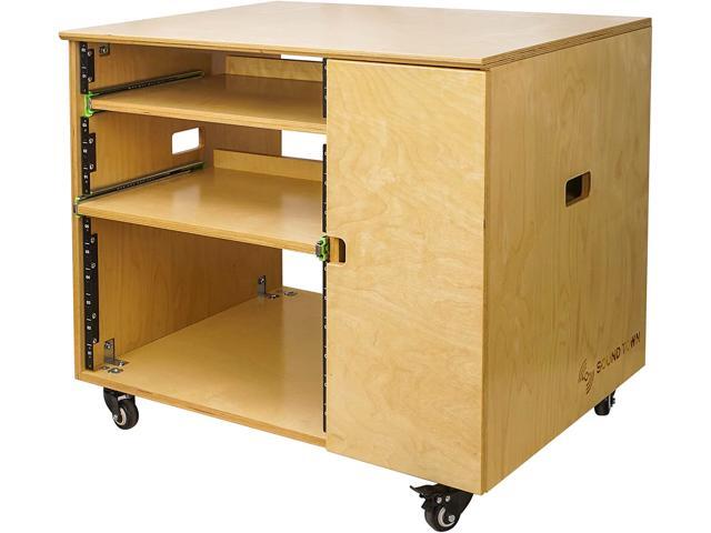 Sound Town DIY 11U Plywood Studio Rack with Slide-Out Trays, Cabinet, Casters, Golden Oak, for Recording Room, Home Studio (SDRK-CR11)