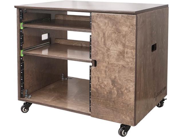 Sound Town DIY 11U Plywood Studio Rack with Slide-Out Trays, Cabinet, Casters, Weathered Gray, for Recording Room, Home Studio (SDRK-CR11B)